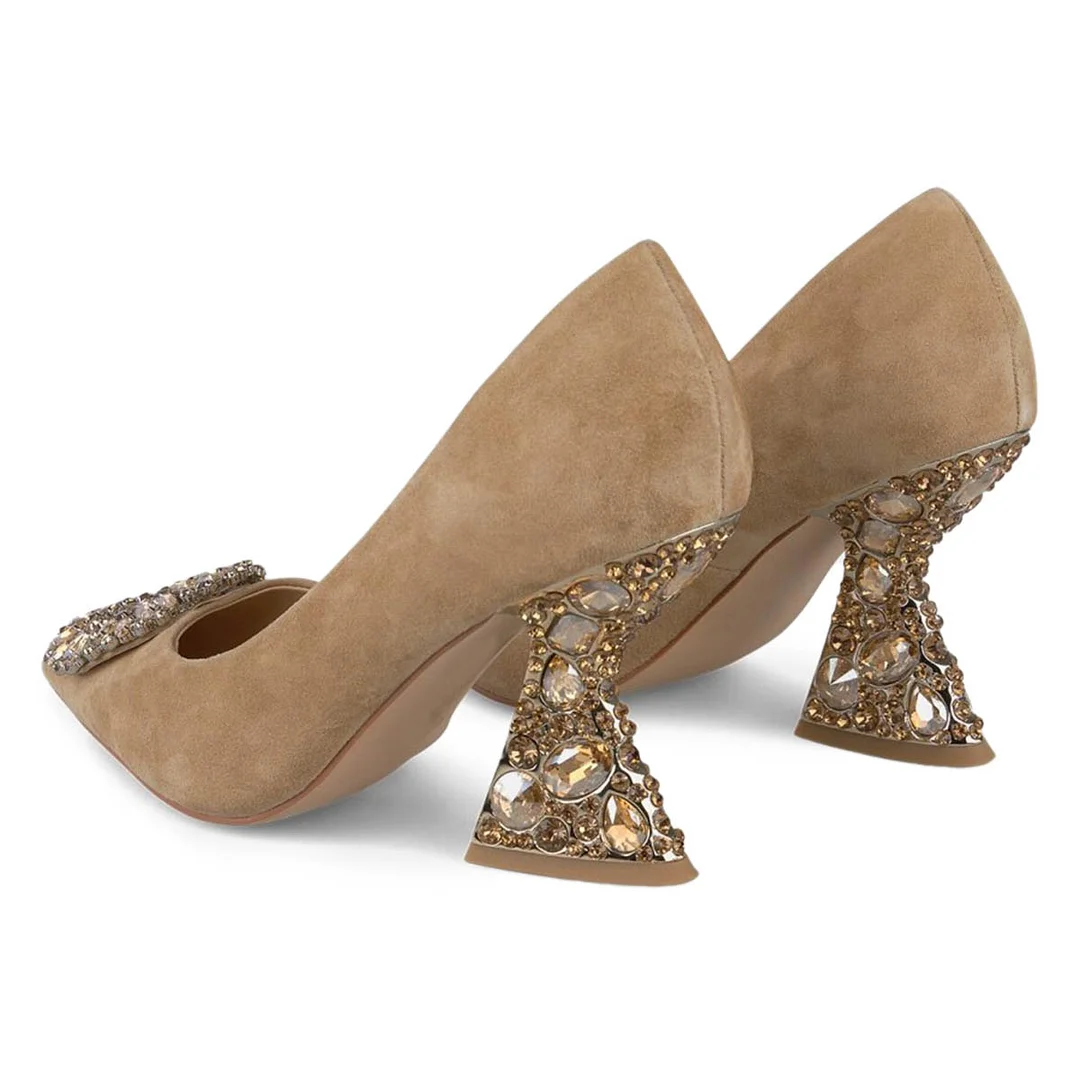 Faux Suede Pointed Toe Rhinestone Embellished Elegant Pumps in Beige