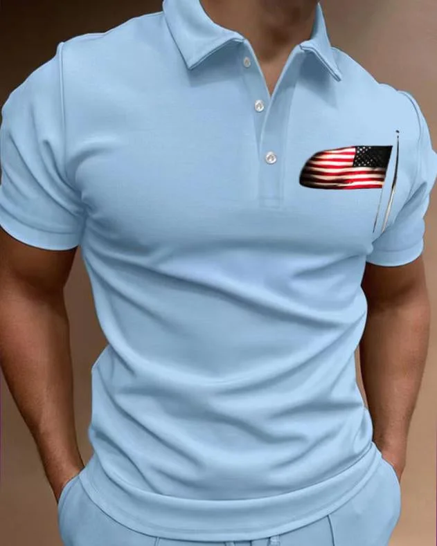 Men's Casual Flag Printed Short Sleeved Polo Shirt at Hiphopee