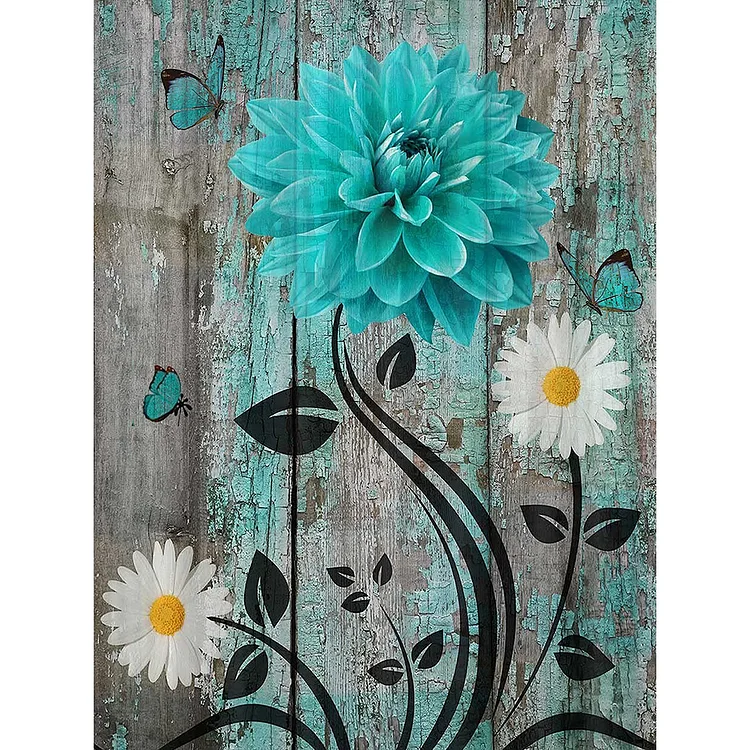Full Round Diamond Painting - Blue And Green Wooden Board Flowers 30*40CM
