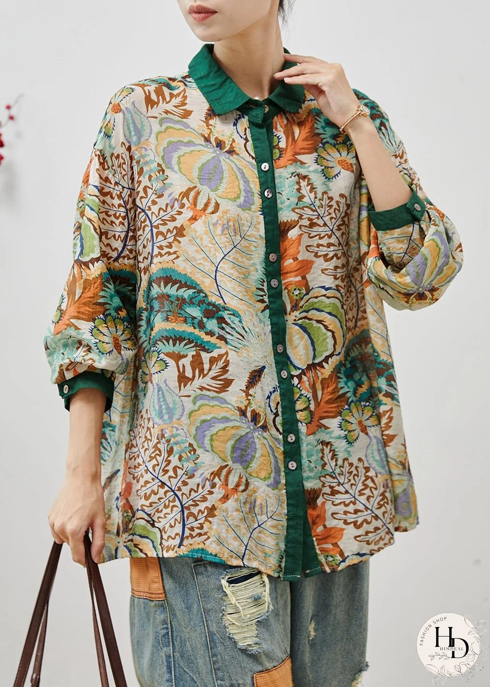 Plus Size Green Peter Pan Collar Print Linen Blouses Summer