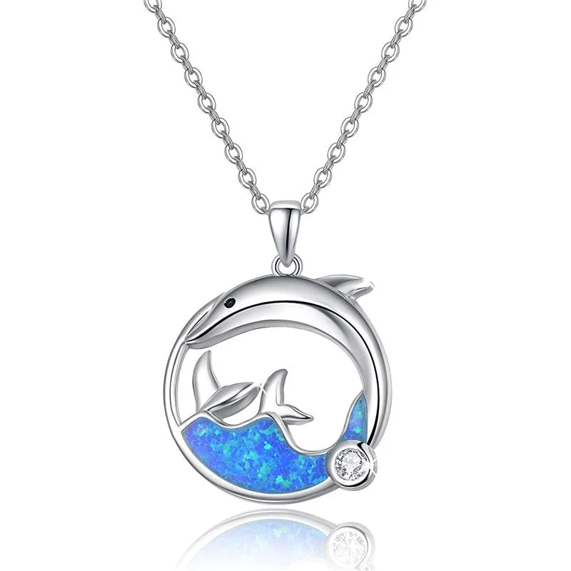 Cute Female Dolphin Pendant Necklace Blue Opal Wave Whale Tail Necklace Classic Silver Color Chain Necklaces For Women Jewelry