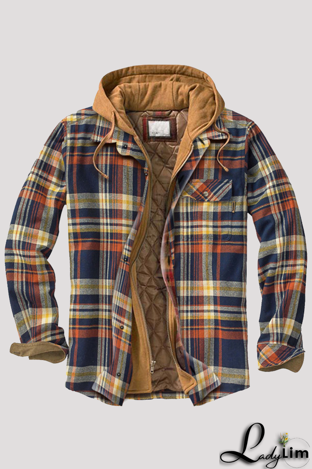 Yellow And Blue Fashion Casual Plaid Split Joint Pocket Hooded Collar Outerwear
