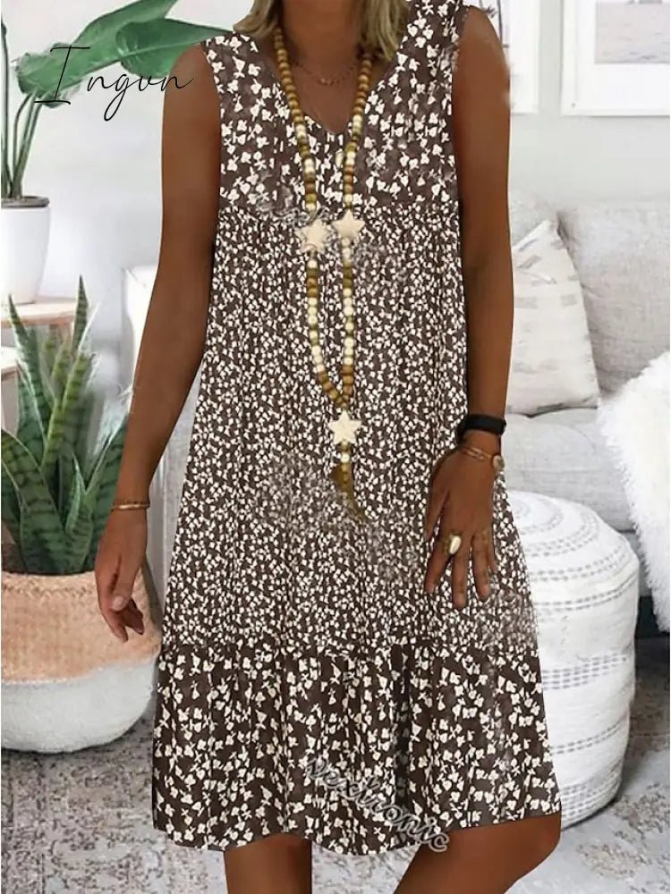 Ingvn - Women’s Casual Dress Shift Midi Brown Sleeveless Floral Print Spring Summer V Neck Basic