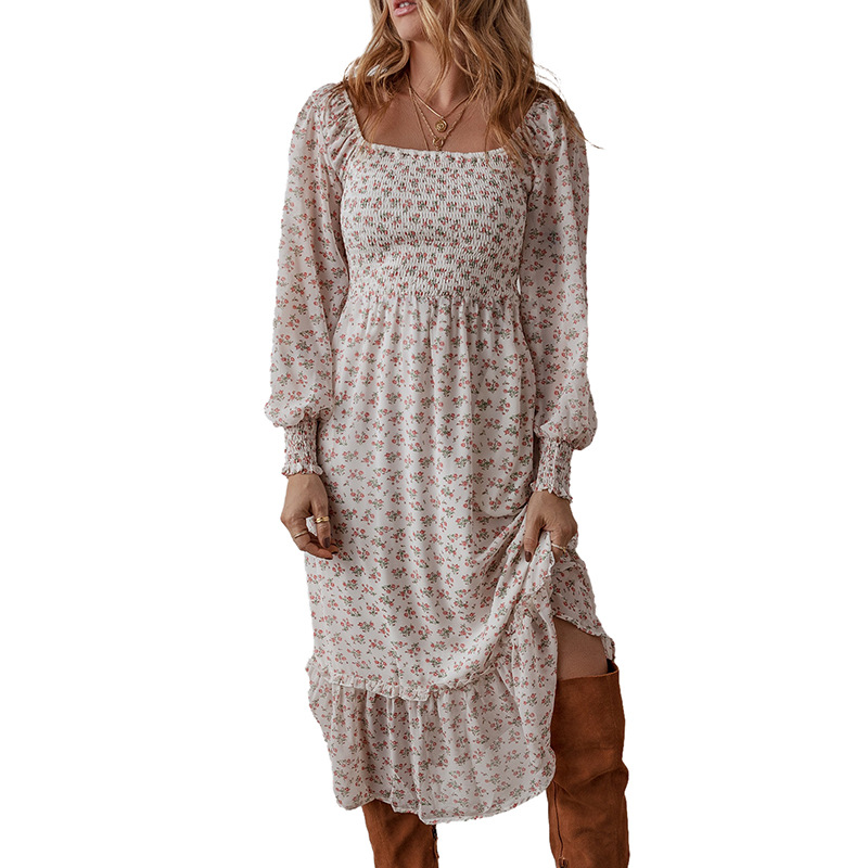 Mature Women Temperament Small Floral Square Collar A-Line Skirt Dress