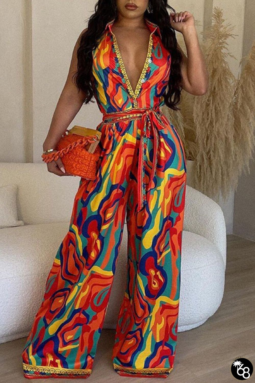 Red Casual Print Patchwork V Neck Regular Jumpsuits | 168DEAL