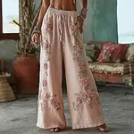 Vintage Boho Pink Rose Embroidered Cozy Linen Trousers - Image 2