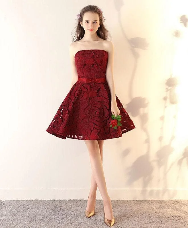 Burgundy Lace Short Prom Dress, Burgundy Short Bridesmaid Dress