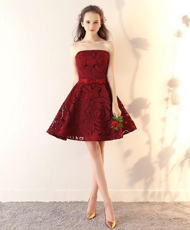 Burgundy Lace Short Prom Dress, Burgundy Short Bridesmaid Dress