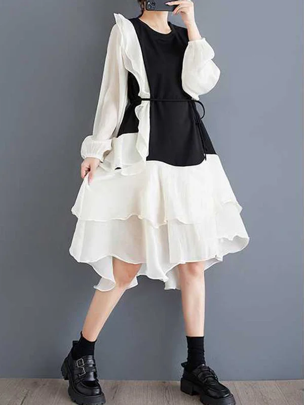 Chic Black Round-Neck Patchwork Contrast Color Ruffle Trim High-Low Long Sleeve Dress