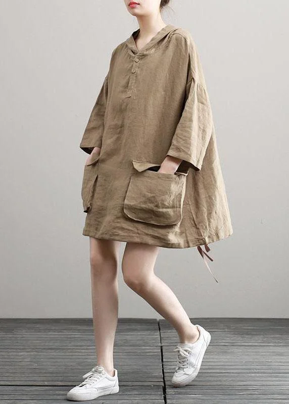 Handmade Summer Khaki Linen Dresses Hoodie Dress