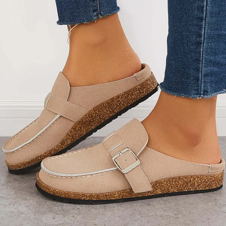 Soft Leather Backless Mules Cork Footbed Slide Shoes
