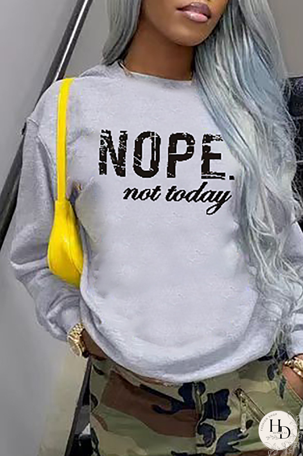 Grey Fashion Print Letter O Neck Tops