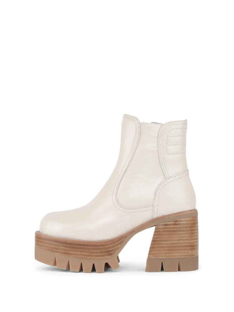 White Boho Track Sole Wooden Texture Platform Chunky Heel Ankle Boots