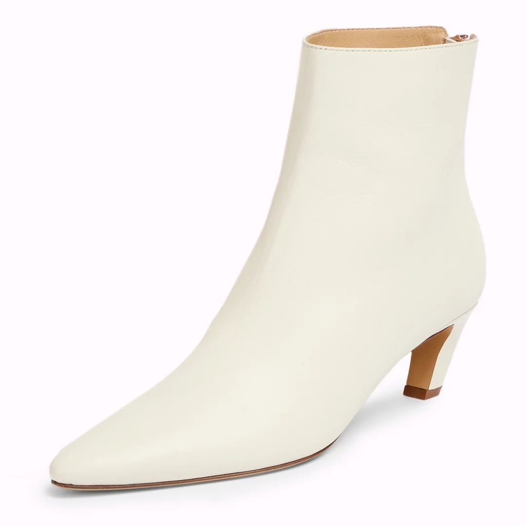 Ivory Vegan Leather Pointed Back-Zip Ankle Boots with Kitten Heel