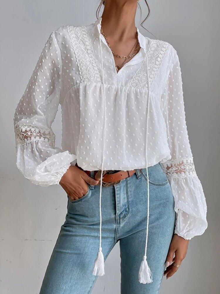 White Blouse Women's Jacquard Shirt V Neck Lace Lantern Solid Sleeve Tops Summer Women's Elegant Chic Casual Shirts Top