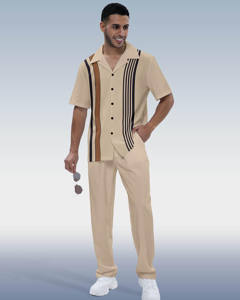 Men's Simple Vertical Stripe Short Sleeve Shirt Walking Set 546