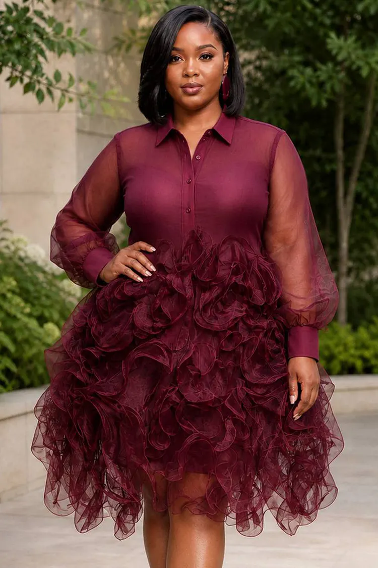 Xpluswear Design Plus Size Party Burgundy Shirt Collar Long Sleeve Ruffle See Through Organza Mini Dresses [Pre-Order] 2024 - Xpluswear