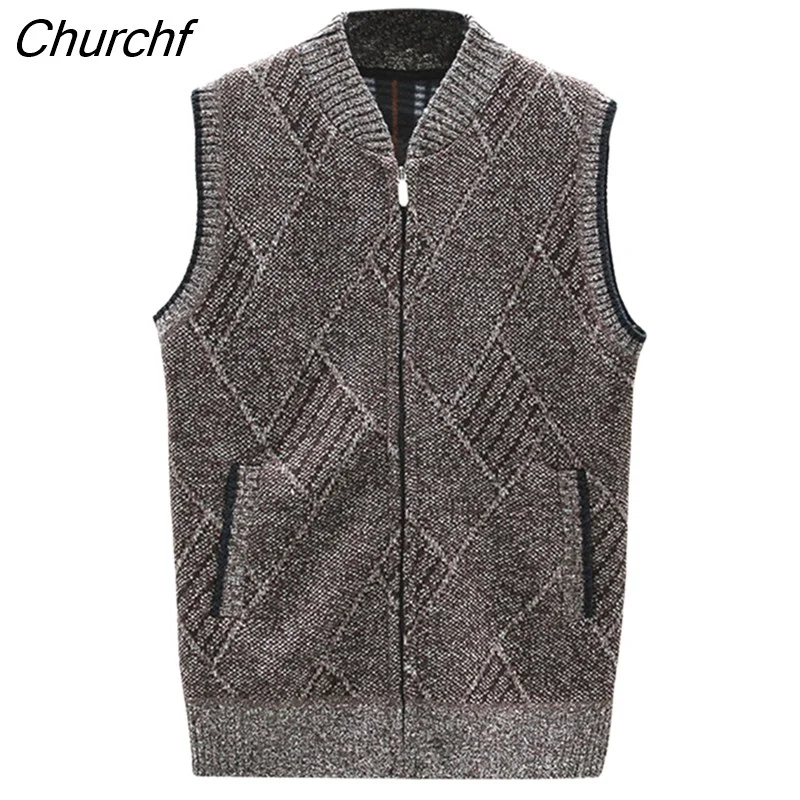 Churchf Men's Vintage Argyle Sweater Vest Zip Up Knitted Cardigan Casual V Neck Sleeveless Tank Tops with Pockets Fall Winter Warm Vest