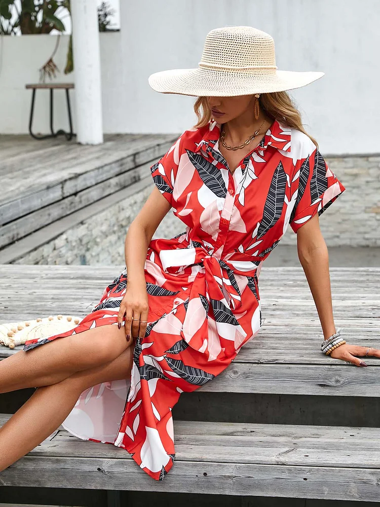Women Fashion Summer Sexy Printed Slim Single Breasted Casual Midi Dress