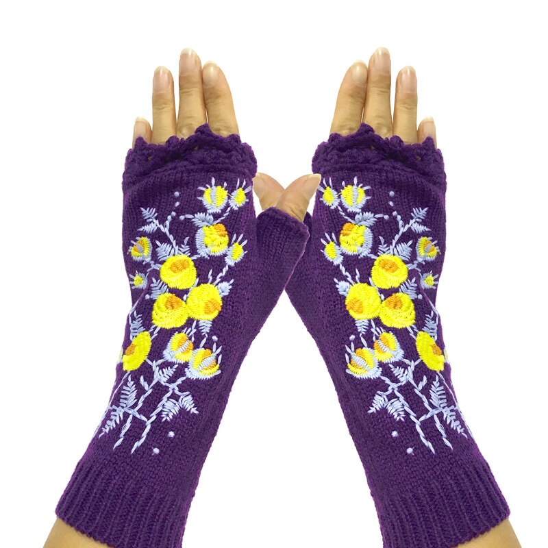 New High Quality Mittens Handmade Women's Autumn Flower Warm Woolen Knitted Winter Gloves Half Finger Embroidery Gloves