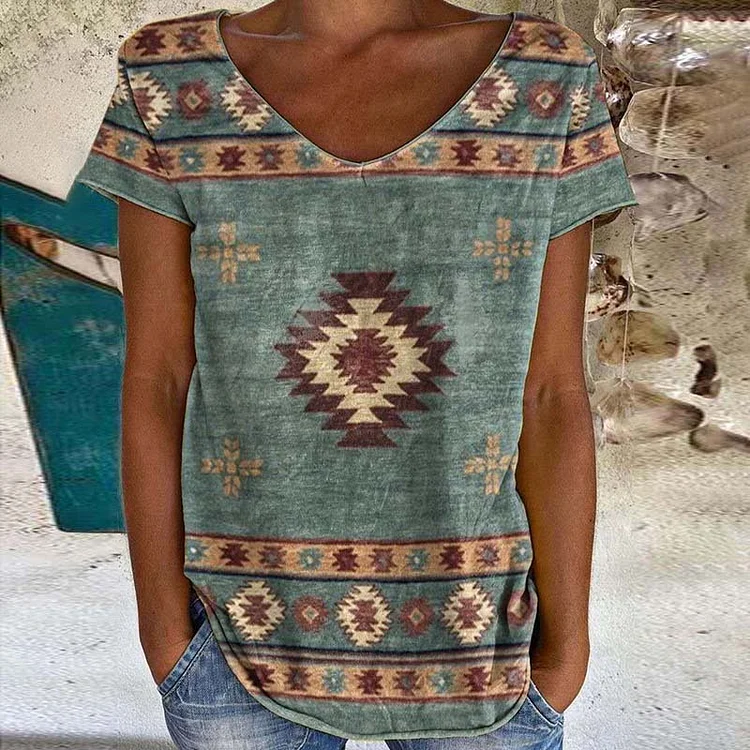 Western V Neck Print Short Sleeve T-Shirt