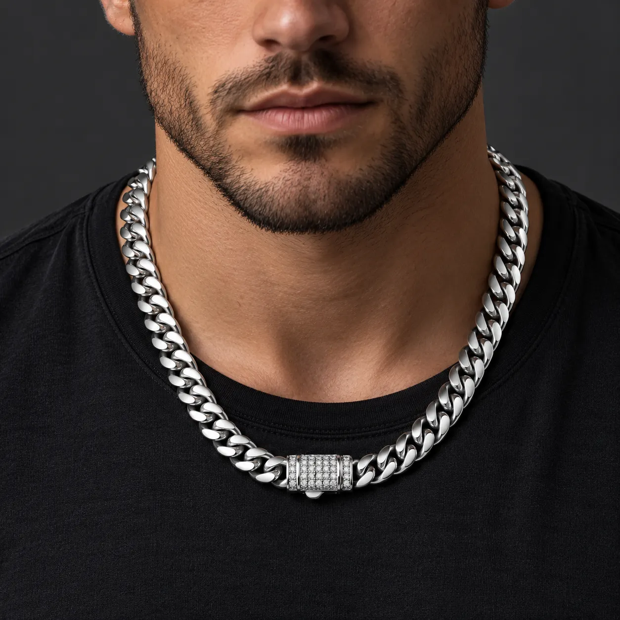  Men&rsquo;s Silver-Tone Titanium Steel Miami Cuban Link Chain with Statement Clasp, 6&ndash;14mm