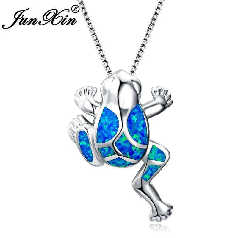 JUNXIN Unique Silver Color Animal Charm Necklace Blue Fire Opal Frog Pendant Necklaces For Women Men Party Gifts