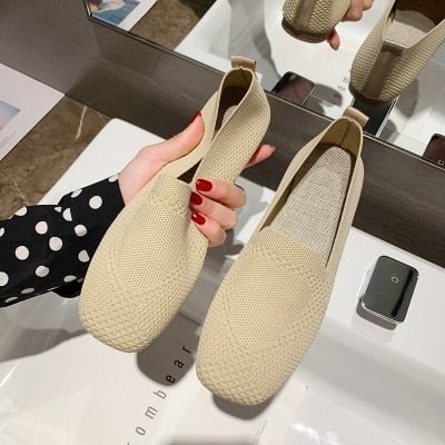 2020 Plus Size Spring New Ballet Flats Women Square Toe Knit Fabric Loafers Breathable Flat Heel Drive Shoes Driving Sneaker