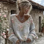 Women's Vintage Pink Flowers Art V-neck Cozy Knit Pullover Sweater - Image 4