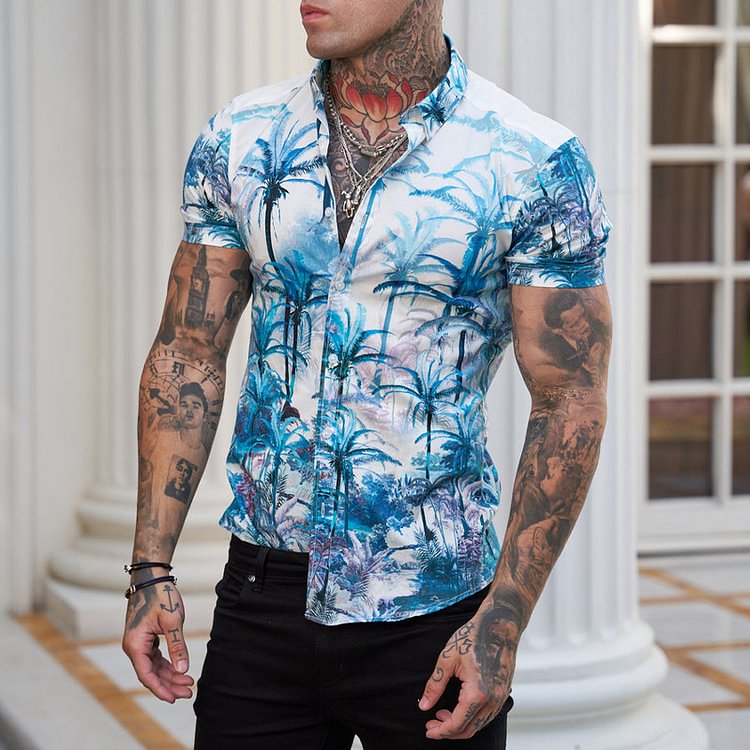 Hawaiian Palm Printing Lapel Collar Short Sleeve Loose Casual Men's Shirt
