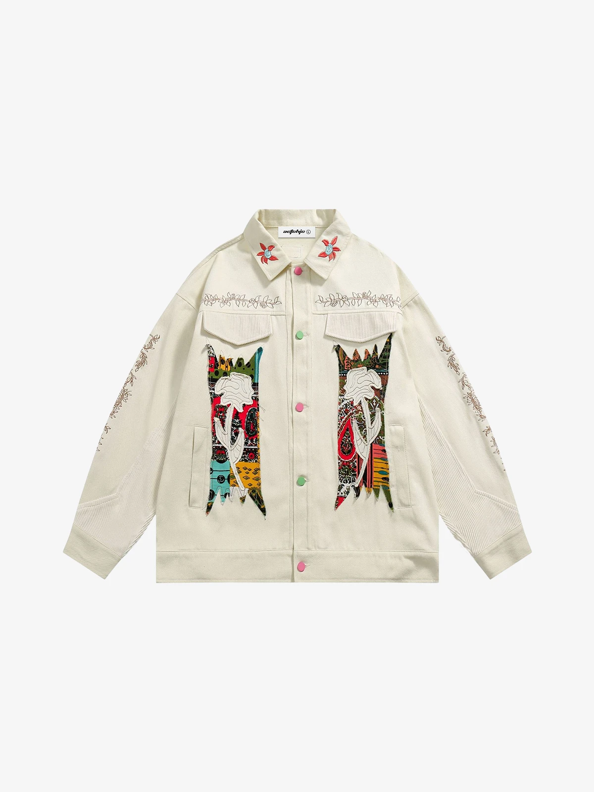 Off-white Act Chic Ethnic Floral Embroidered Patchwork Jacket Front