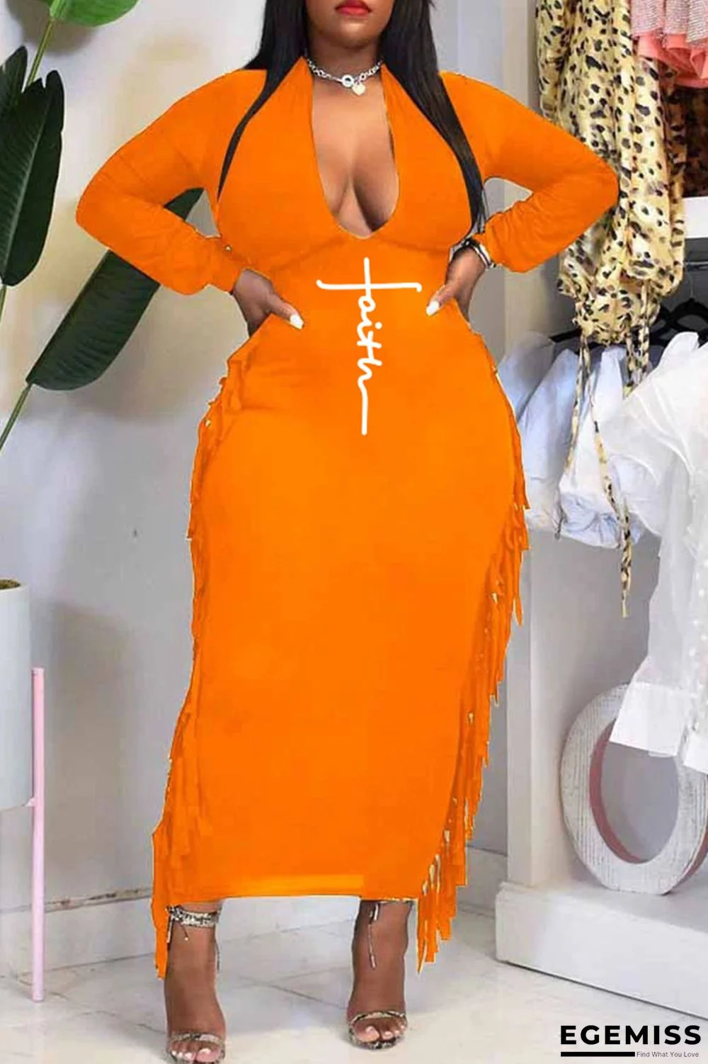 Tangerine Sexy Print Tassel Patchwork V Neck Plus Size Dresses | EGEMISS