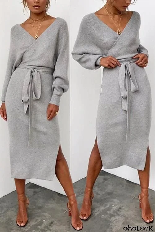 V Neck Side Slit Bleted Dress
