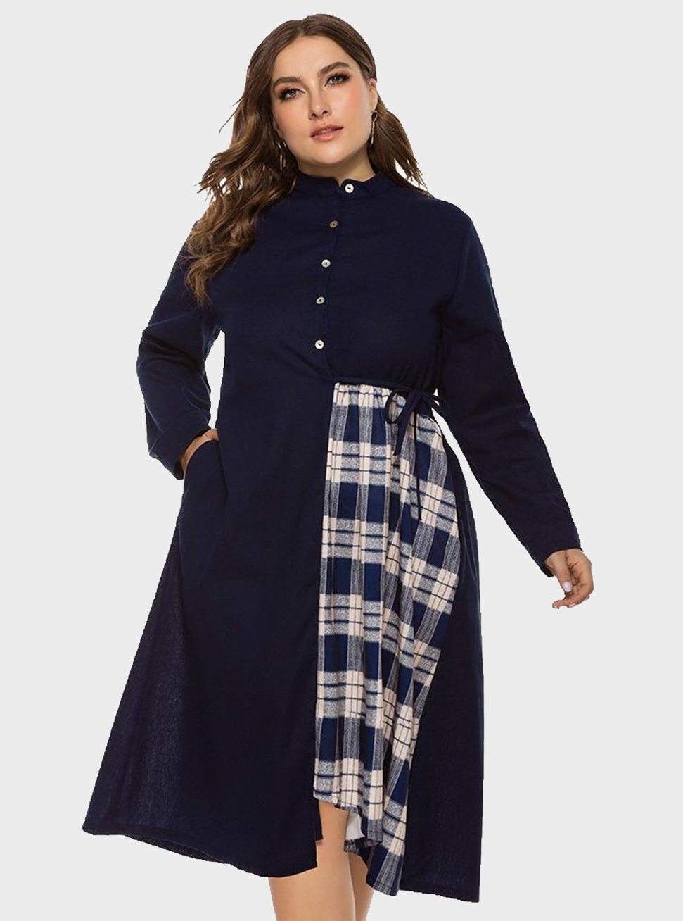  thdmladies Large Size Round Neck Stitching Loose Long Sleeve Dress thedmladies
