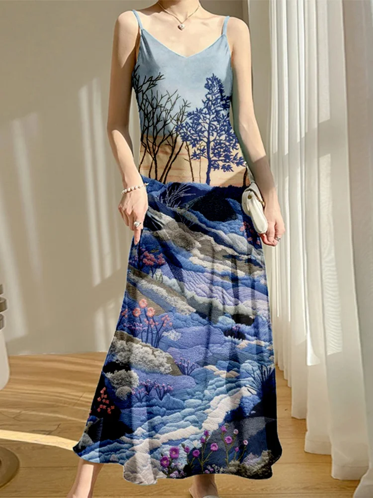 Early Spring Landscape Embroidery Art Cami Maxi Dress