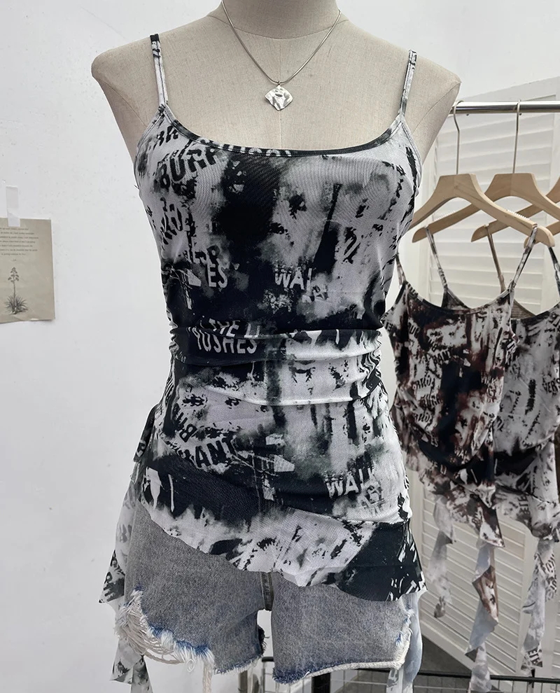 Zingj Solid Shooting Wasteland Style Personality Letter Tie-Dye Printing Mesh Sling Sling Babes Irregular Tuxedo Small Vest 9965