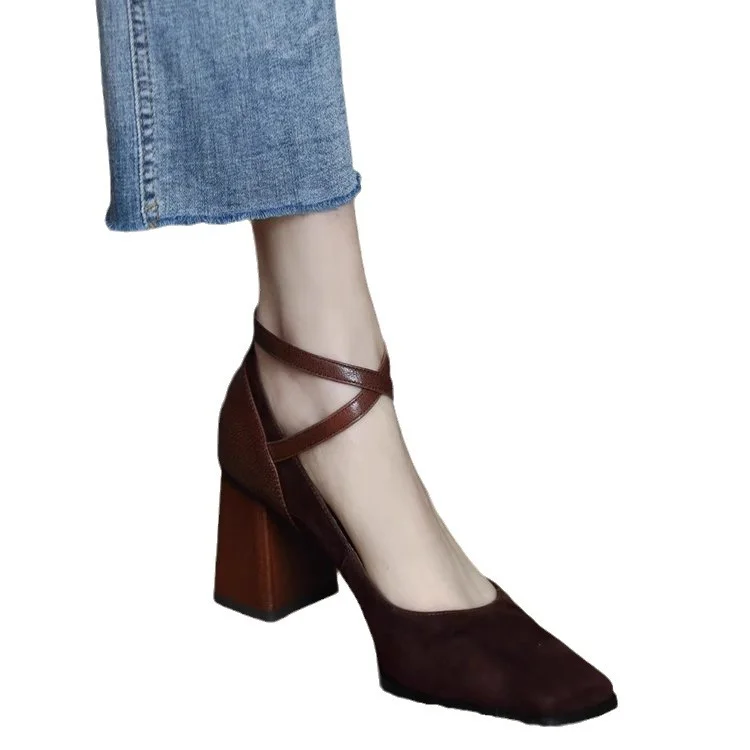 Yyvonne And Autumn New High-Heeled Women's Velvet Face Retro Head Thick Heel Cross-Buckle With Korean Version Of Shallow Mouth Mary Jane Single Shoes Female