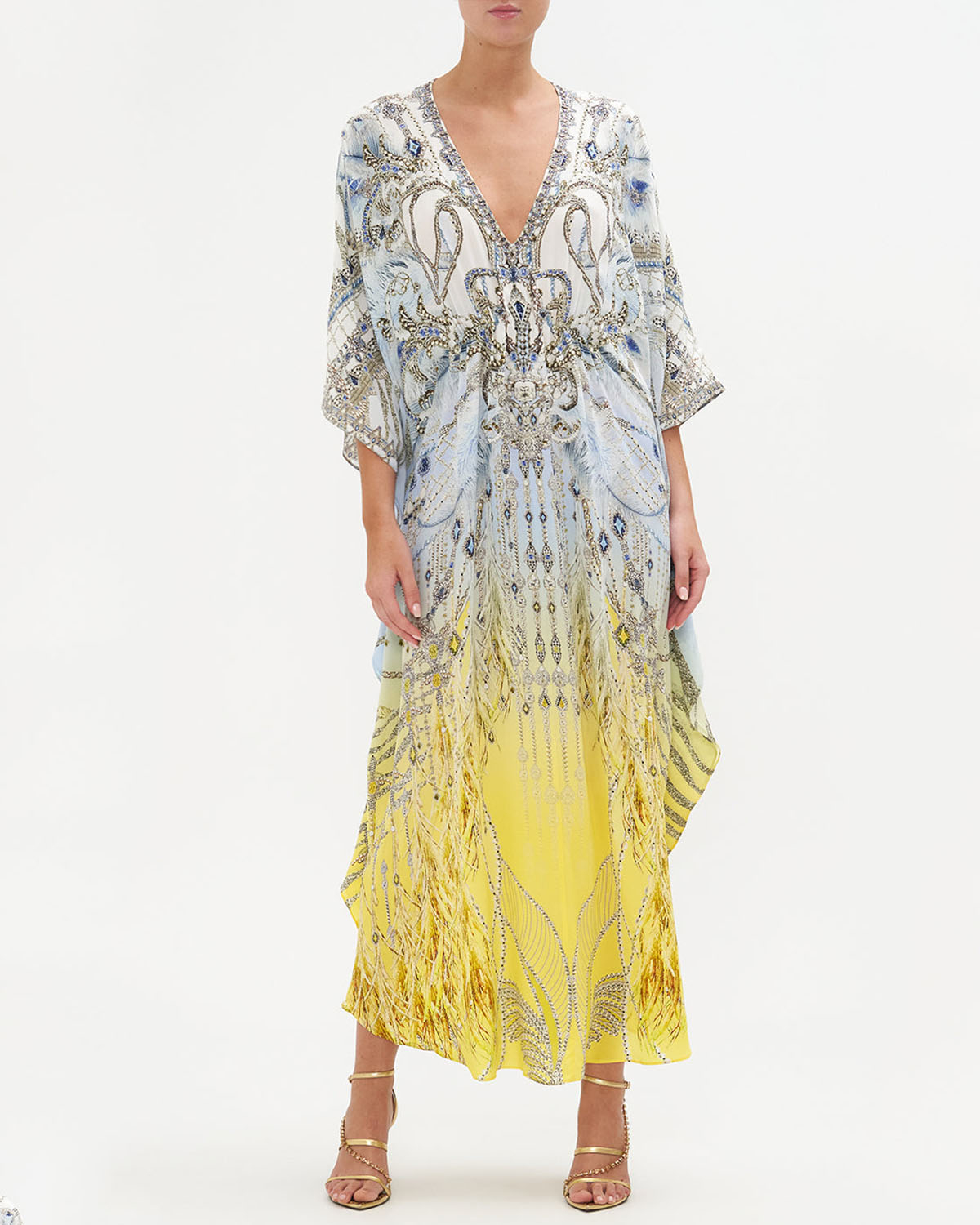 Printed Ruched Kaftan Dress With Inside Waist Tie