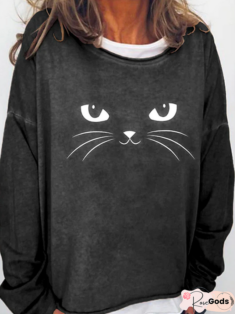 Halloween Loose Casual Crew Neck Cat Sweatshirts
