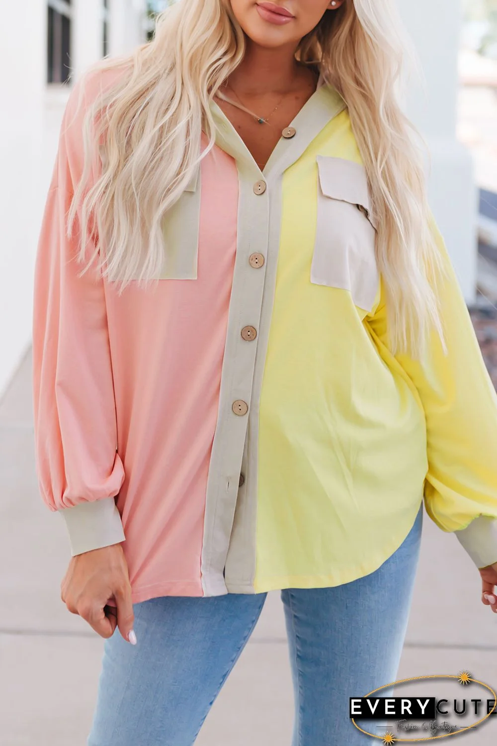 Multicolor Color Block Pocketed Button Down Shirt Jacket with Hood