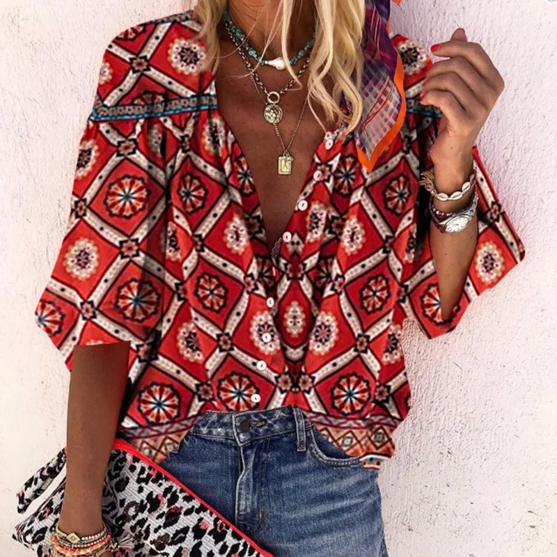 Casual Printed V-neck Blouse