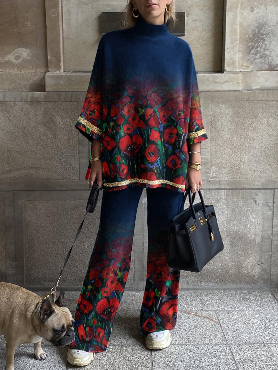 Ladies' Elegant Red Rose Oil Painting Contrast Printing Suit