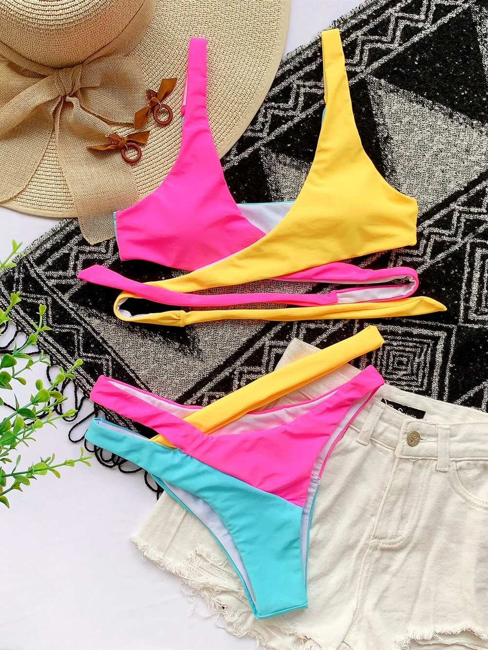 2021 Summer Colorful Splicing Bikini Female Swimsuit Women Swimwear Hollow Out Bikini set Asymmetric  Bather Bathing Suit Swim