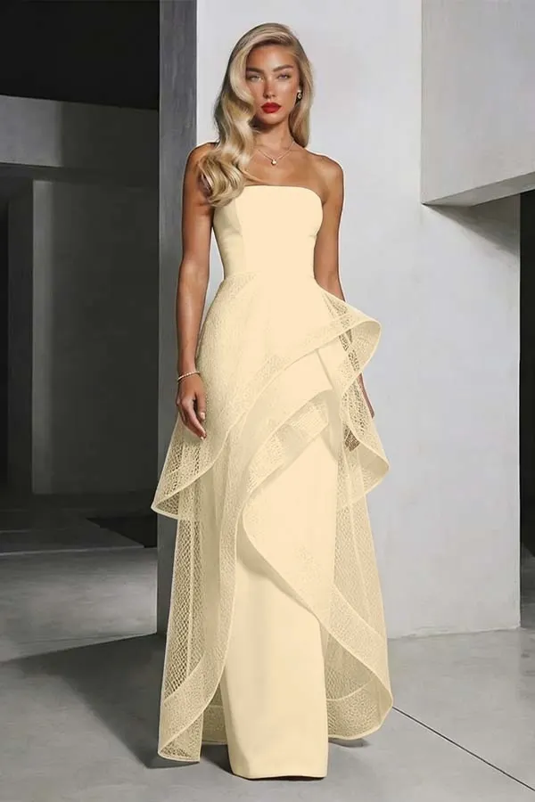Lvs&Broner Black Chiffon Strapless Sleeveless High Waist Long Prom Dress With Ruffles