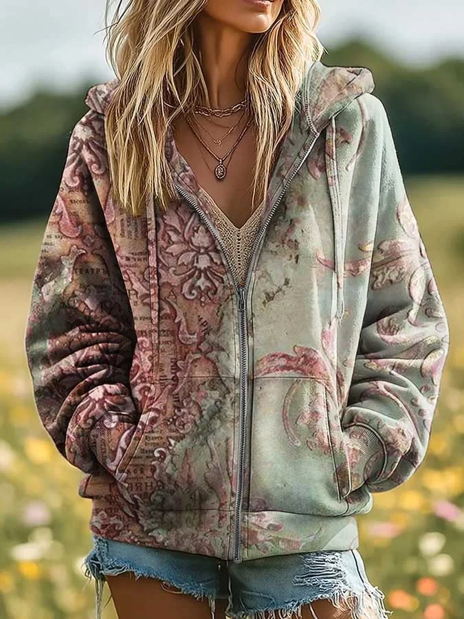 Women's Western Retro Print Casual Hooded Sweatshirt 