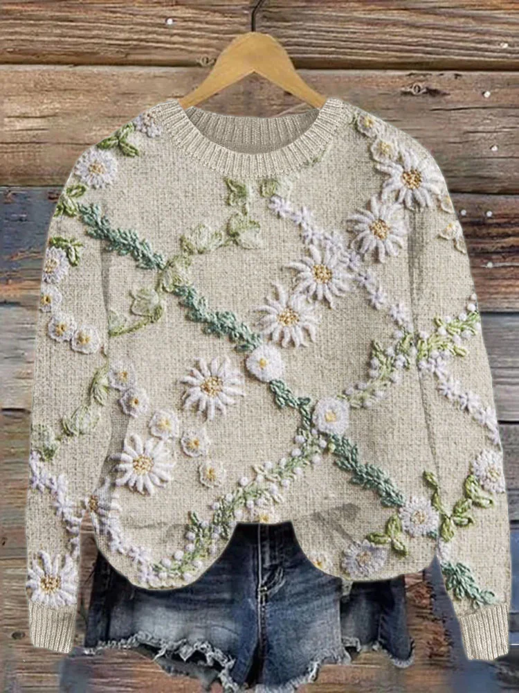 Comstylish Cottage Daisies Floral Diamond Pattern Embroidered Knit Sweater