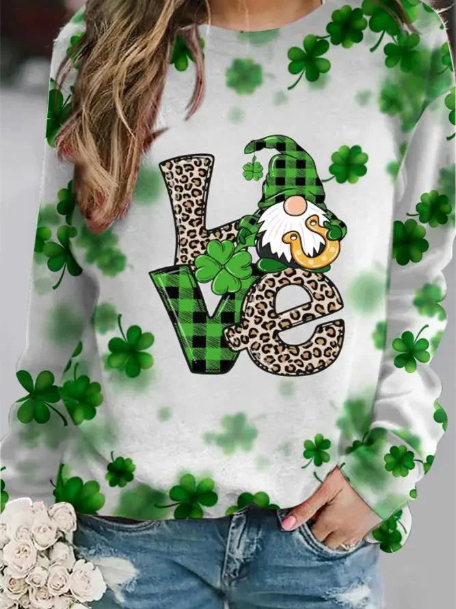 Women's Long Sleeve Scoop Neck Four Leaf Clover Printed Graphic Tops