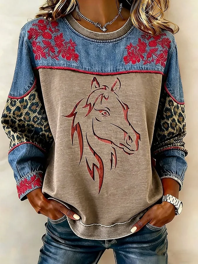 Women's Western Print Crew Neck Sweatshirt 