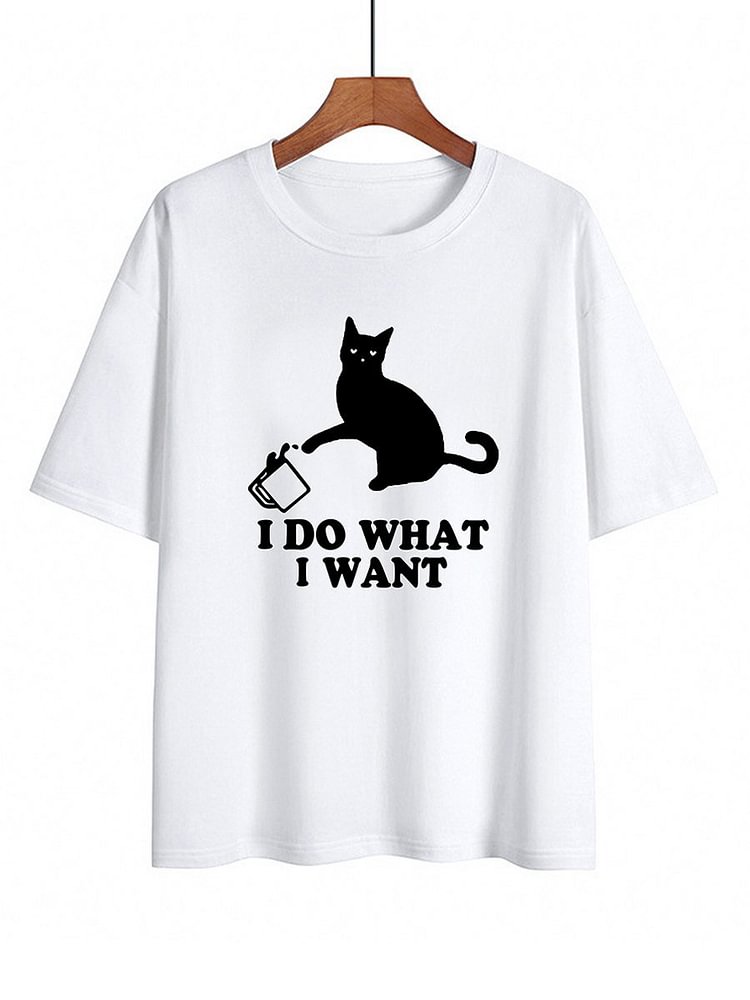 Bestdealfriday Cat Graphic Short Sleeve Round Neck Tee