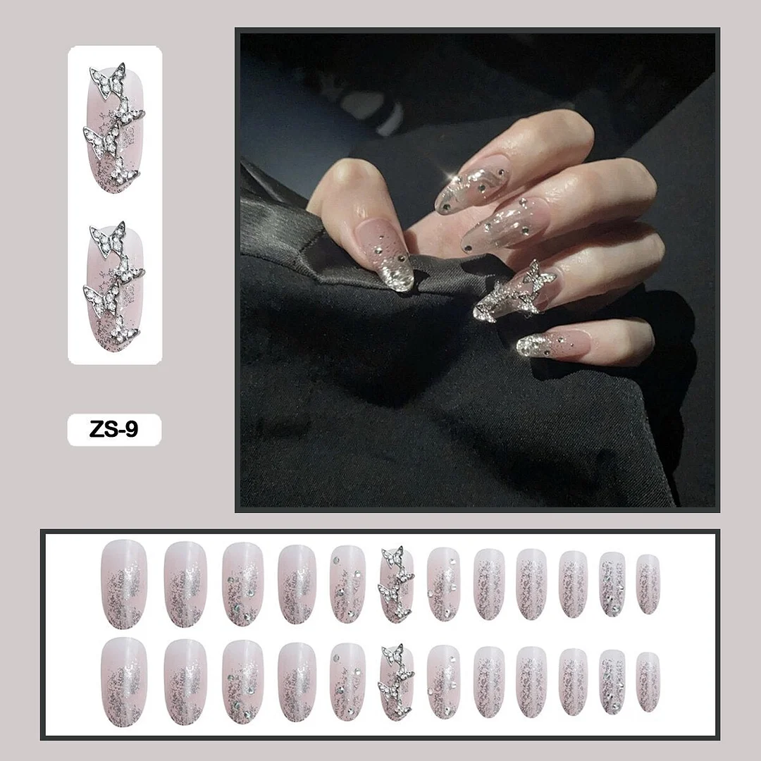 24PCS False Nails with Glue Rhinestones Long Trapezoid Detachable Pearl Stick on Nails Press on Nails Art With Wearing Tools-Nail Inspo